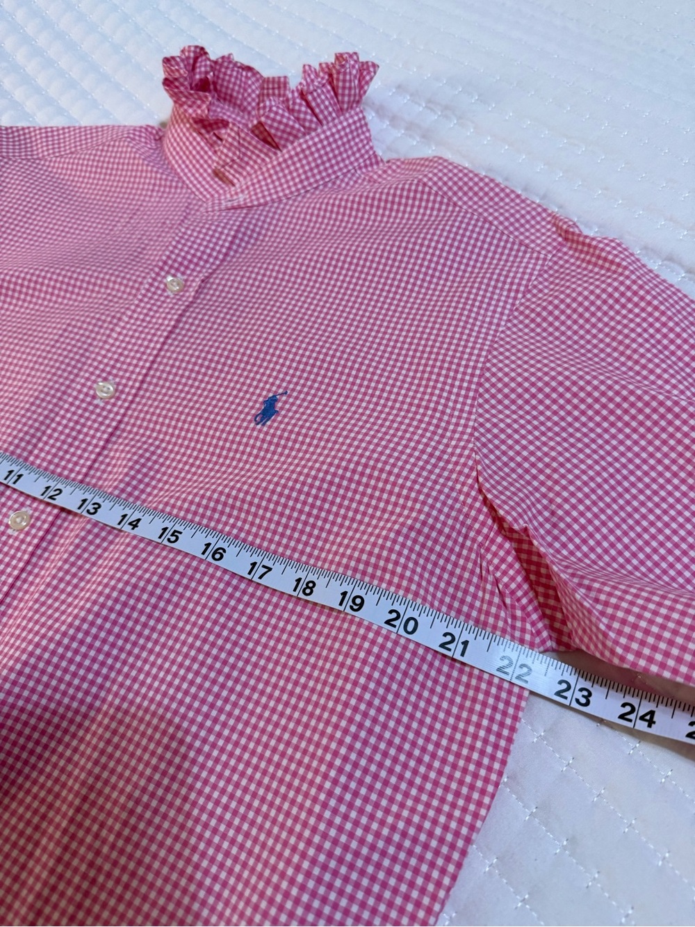 Upcycled Ralph Lauren Pink Gingham Ruffle Collar Button-Down Shirt - Picture 5 of 9